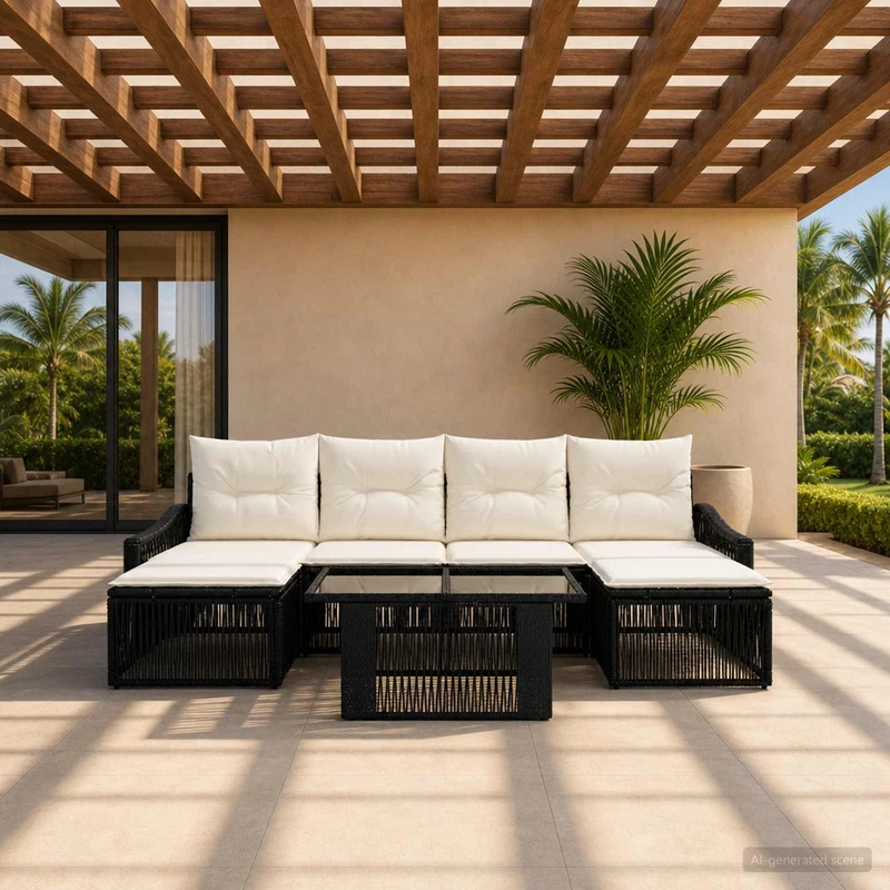 vidaXL Tuinbank Set 6 st Zwart en Crème Wit poly rattan