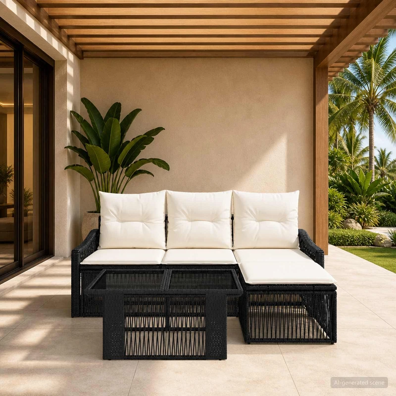vidaXL Tuinbank Set 5 st Zwart en Crème Wit poly rattan