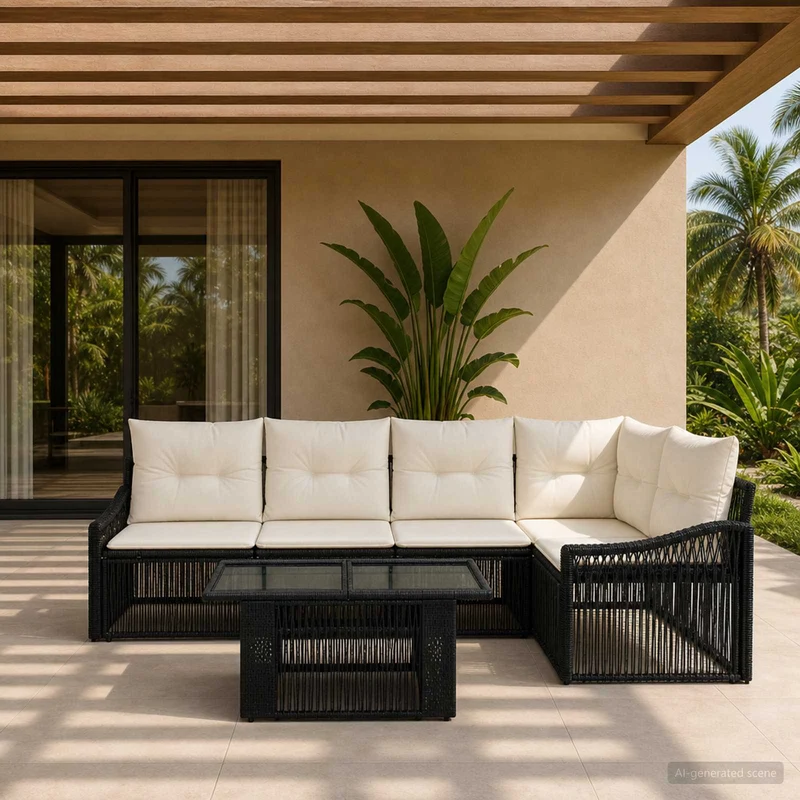 vidaXL Tuinbank Set 6 st Zwart en Crème Wit poly rattan