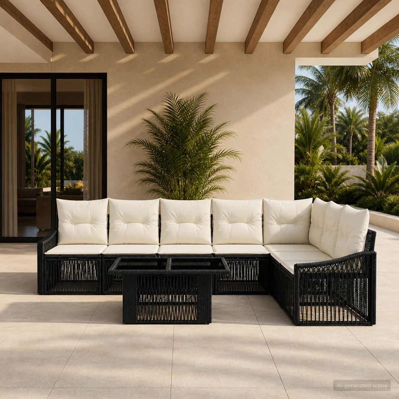 vidaXL Tuinbank Set 8 st Zwart en Crème Wit poly rattan