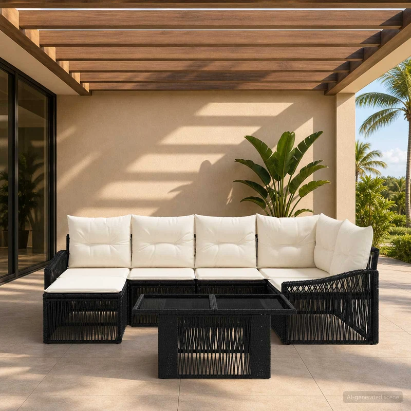 vidaXL Tuinbank Set 7 st Zwart en Crème Wit poly rattan