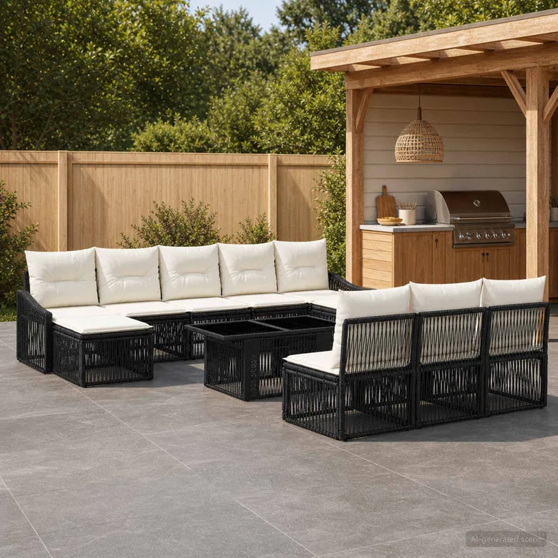 vidaXL Tuinbank Set 11 st Zwart en Crème Wit poly rattan