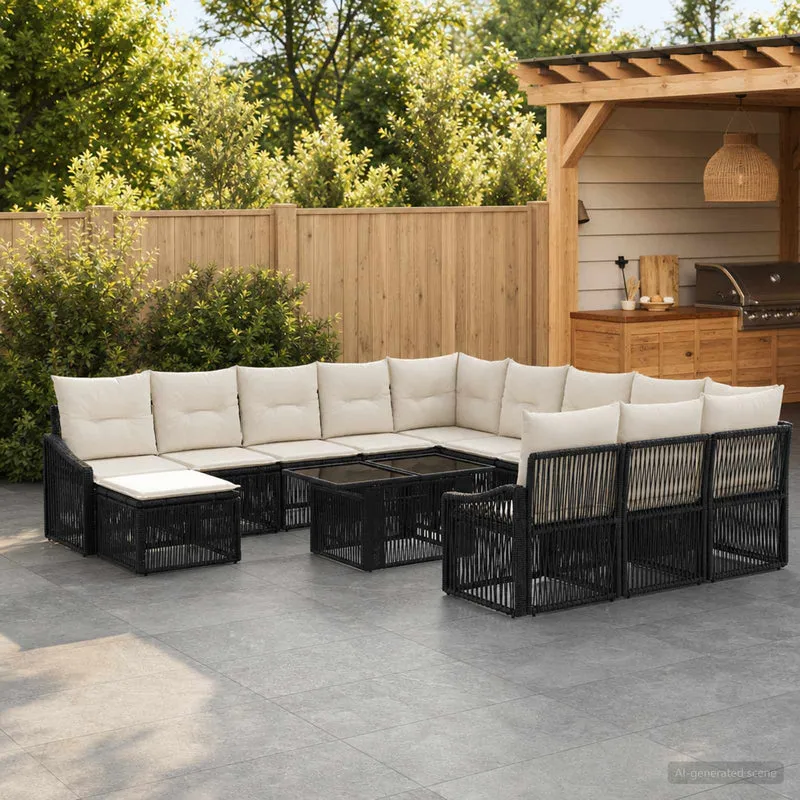 vidaXL Tuinbank Set 13 st Zwart en Crème Wit poly rattan