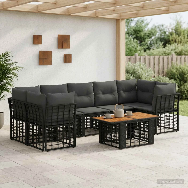 vidaXL Tuinbank Set 8 st Zwart en Donkergrijs poly rattan