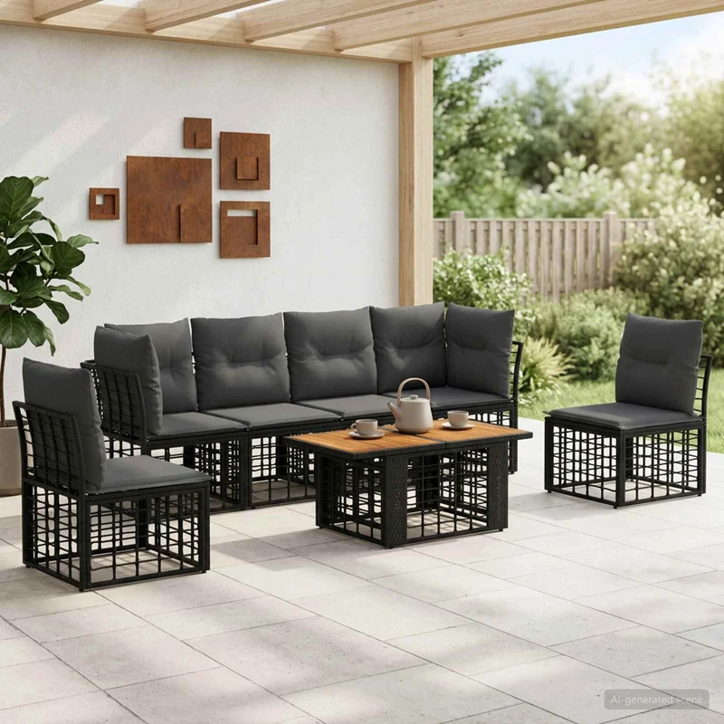 vidaXL Tuinbank Set 7 st Zwart en Donkergrijs poly rattan