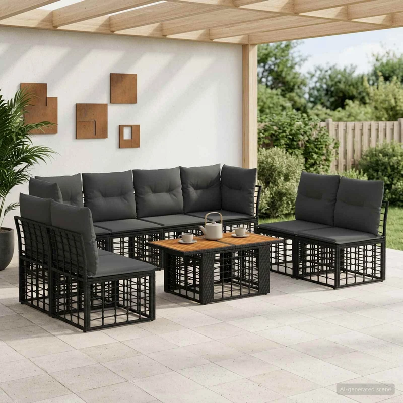 vidaXL Tuinbank Set 9 st Zwart en Donkergrijs poly rattan