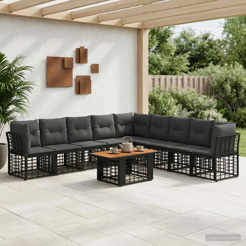 vidaXL Tuinbank Set 10 st Zwart en Donkergrijs poly rattan
