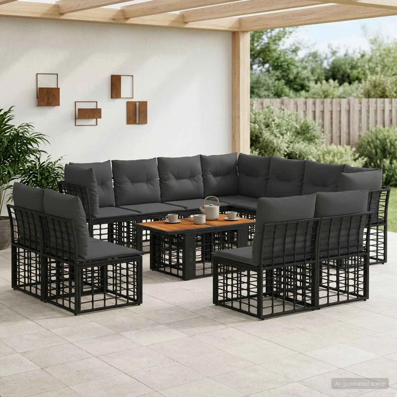 vidaXL Tuinbank Set 12 st Zwart en Donkergrijs poly rattan