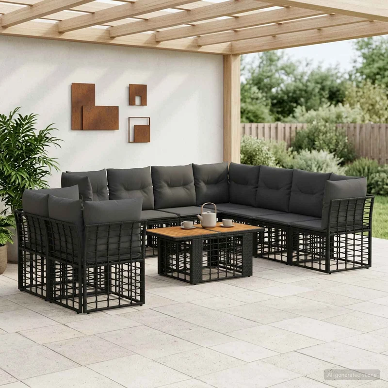 vidaXL Tuinbank Set 10 st Zwart en Donkergrijs poly rattan