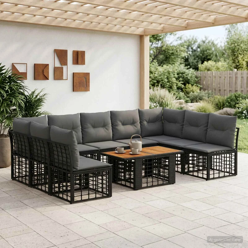 vidaXL Tuinbank Set 10 st Zwart en Donkergrijs poly rattan