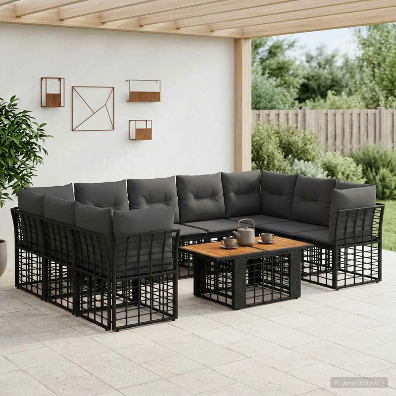 vidaXL Tuinbank Set 10 st Zwart en Donkergrijs poly rattan