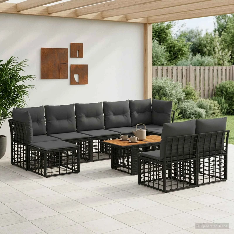 vidaXL Tuinbank Set 10 st Zwart en Donkergrijs poly rattan