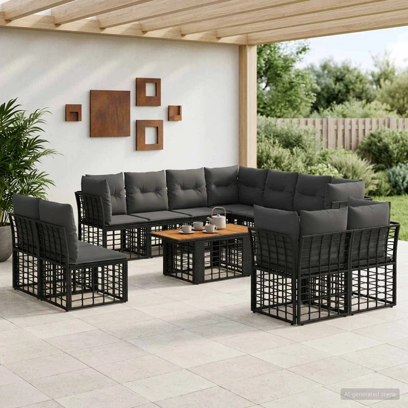 vidaXL Tuinbank Set 12 st Zwart en Donkergrijs poly rattan