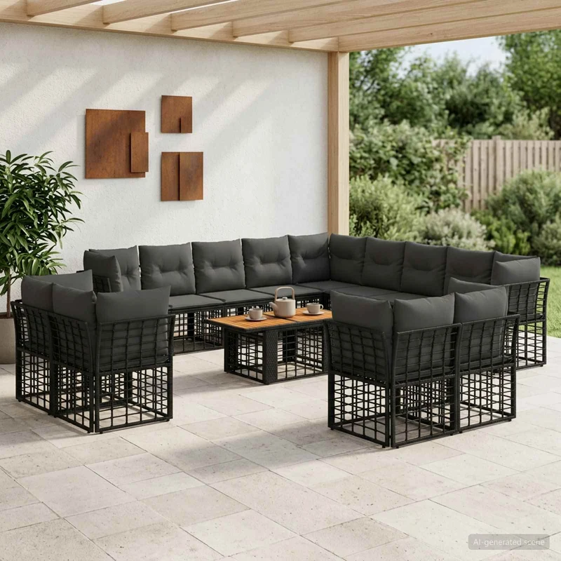 vidaXL Tuinbank Set 14 st Zwart en Donkergrijs poly rattan