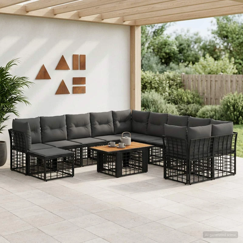vidaXL Tuinbank Set 12 st Zwart en Donkergrijs poly rattan
