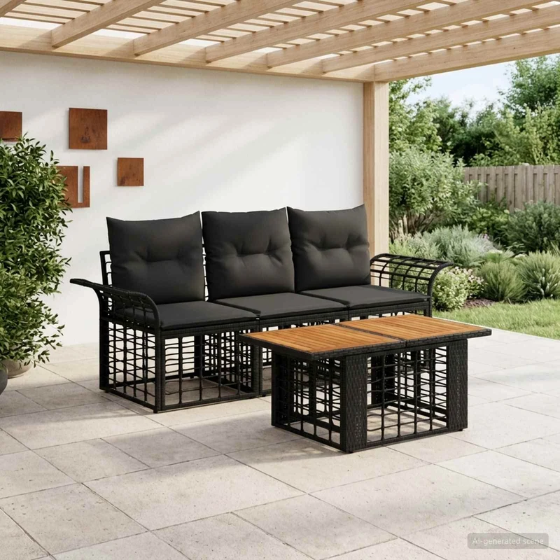 vidaXL Tuinbank Set 4 st Zwart en Donkergrijs poly rattan