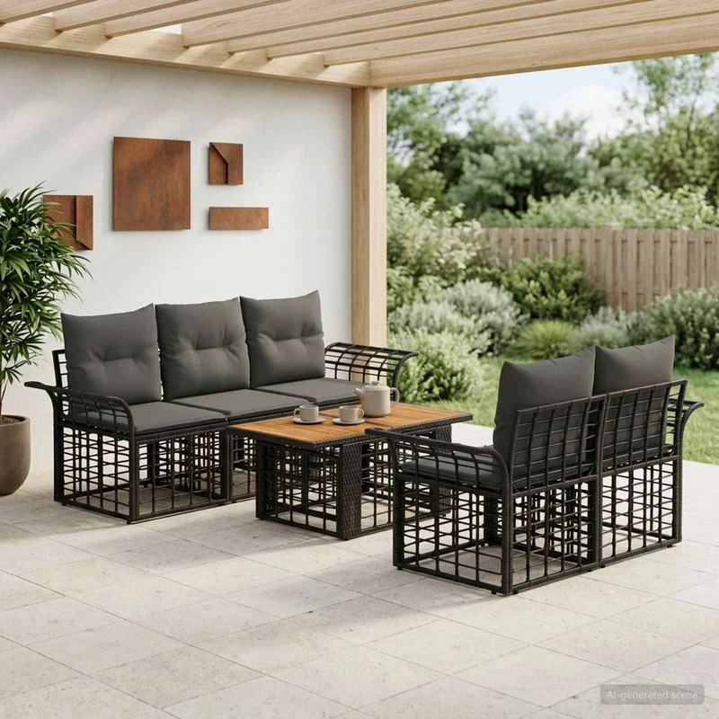 vidaXL Tuinbank Set 6 st Zwart en Donkergrijs poly rattan