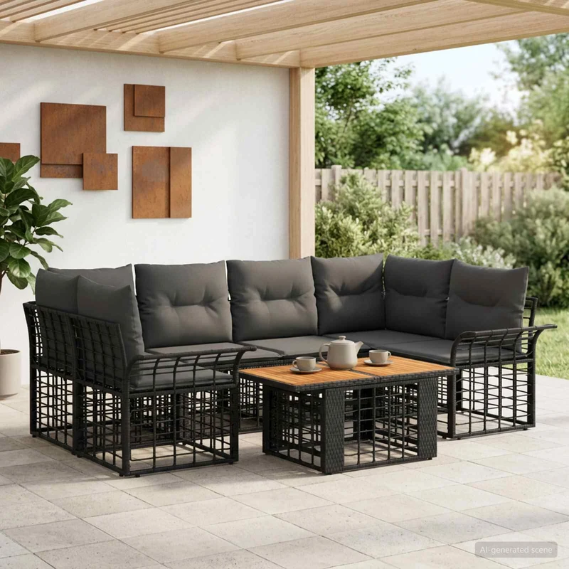 vidaXL Tuinbank Set 7 st Zwart en Donkergrijs poly rattan