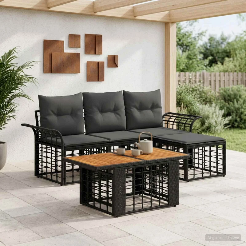 vidaXL Tuinbank Set 5 st Zwart en Donkergrijs poly rattan