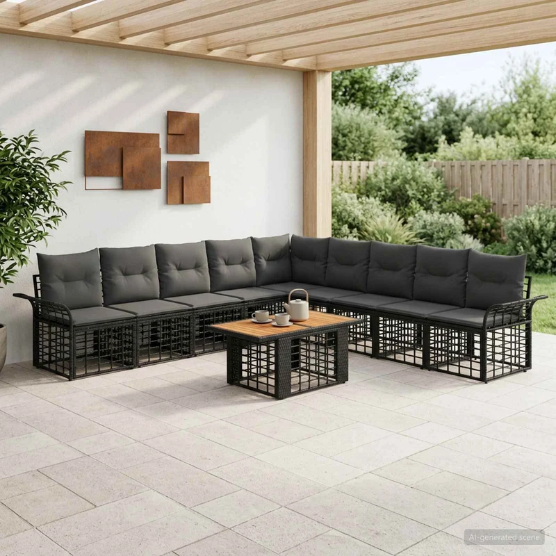 vidaXL Tuinbank Set 10 st Zwart en Donkergrijs poly rattan