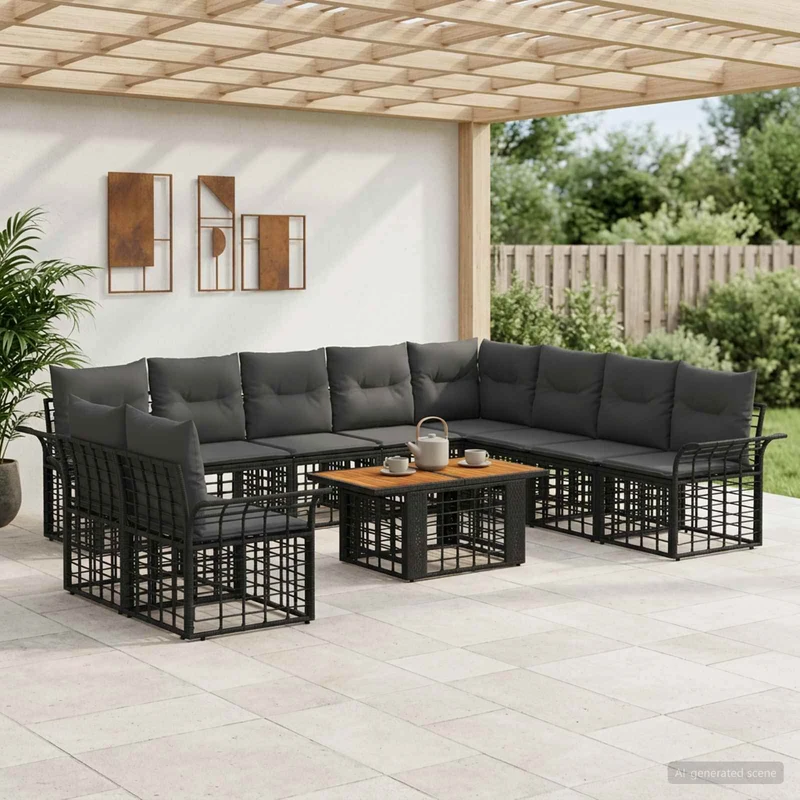 vidaXL Tuinbank Set 11 st Zwart en Donkergrijs poly rattan