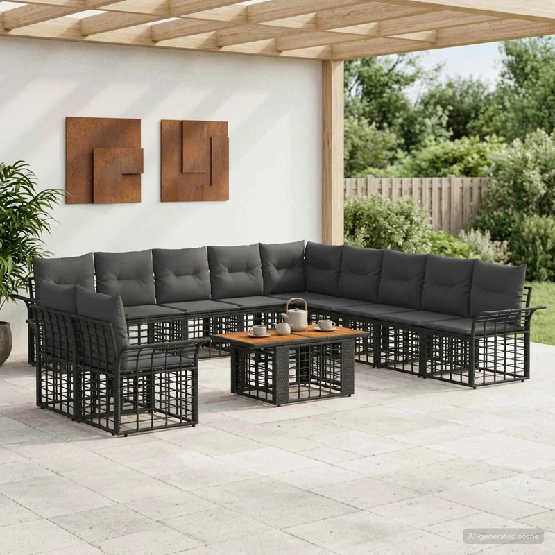 vidaXL Tuinbank Set 12 st Zwart en Donkergrijs poly rattan