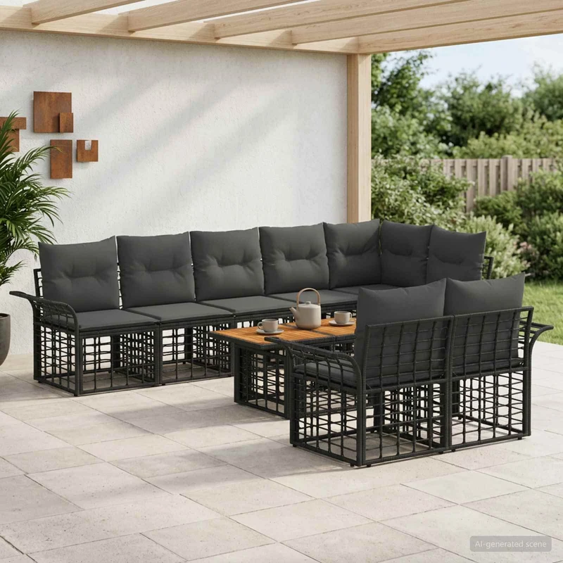 vidaXL Tuinbank Set 9 st Zwart en Donkergrijs poly rattan
