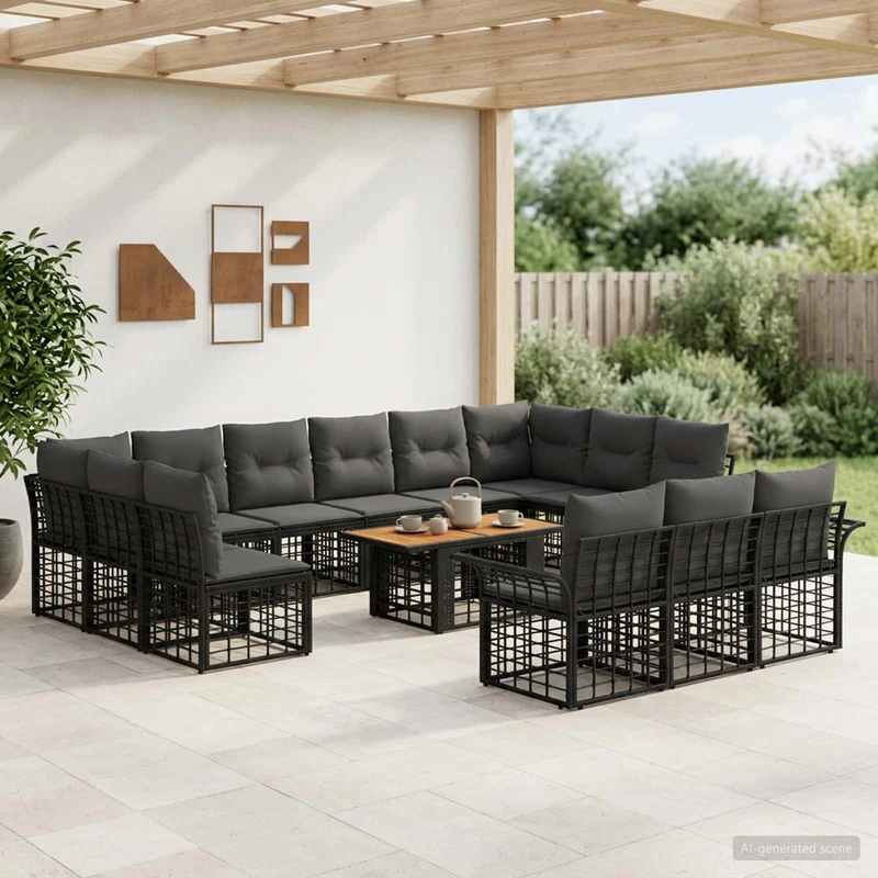 vidaXL Tuinbank Set 14 st Zwart en Donkergrijs poly rattan