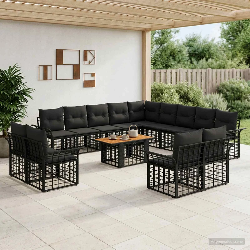 vidaXL Tuinbank Set 14 st Zwart en Donkergrijs poly rattan