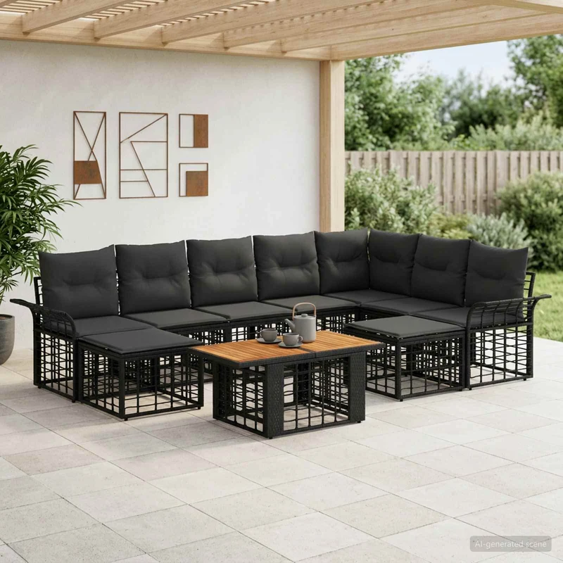 vidaXL Tuinbank Set 10 st Zwart en Donkergrijs poly rattan
