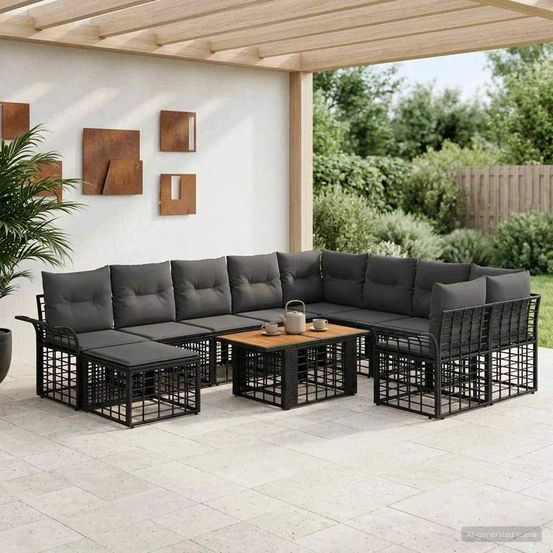 vidaXL Tuinbank Set 11 st Zwart en Donkergrijs poly rattan