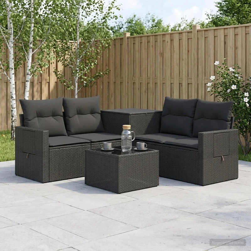 vidaXL Bankstel 6 st Zwart Poly Rattan en Staal