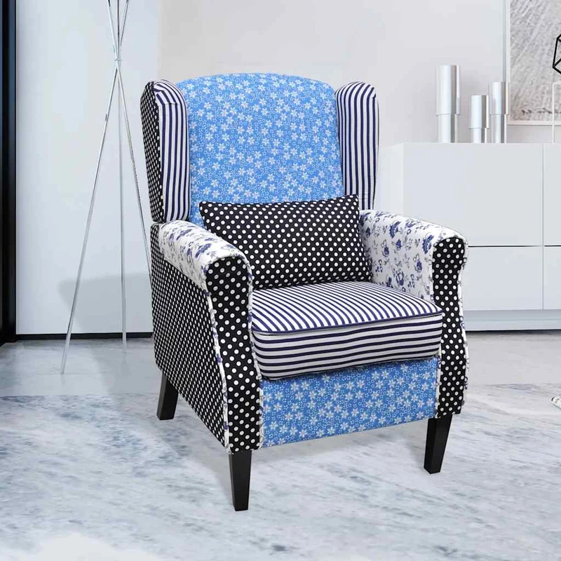 vidaXL Fauteuil met patchwork stof blauw/grijs