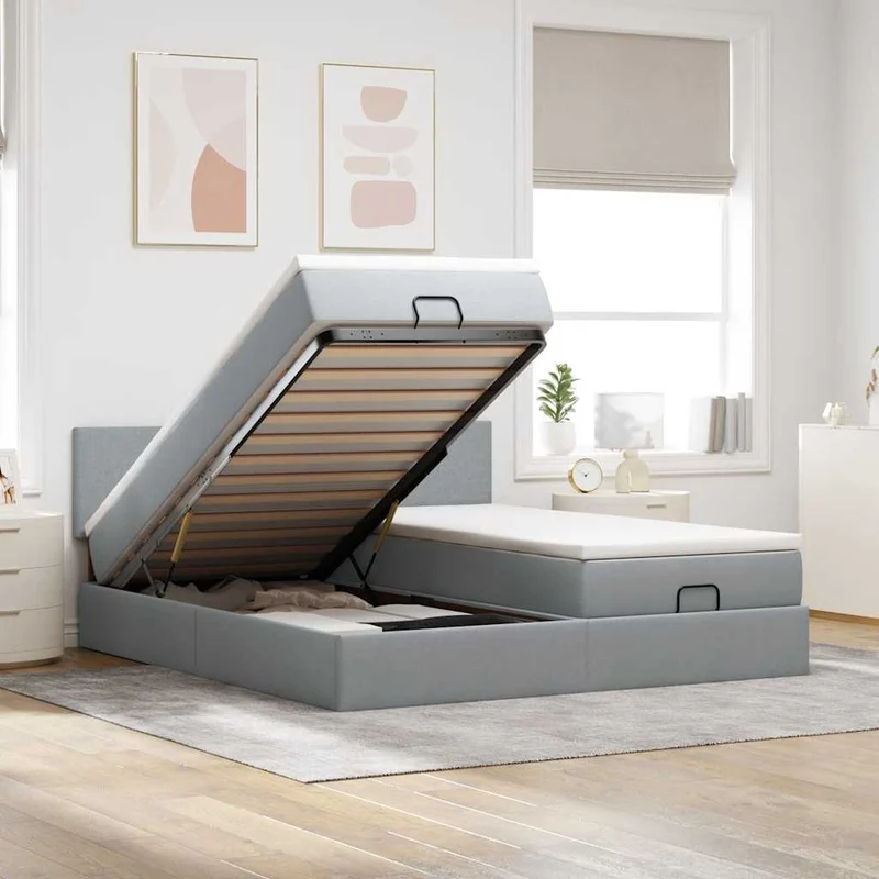 vidaXL Ottoman bed met matrassen 160x200cm stof lichtgrijs