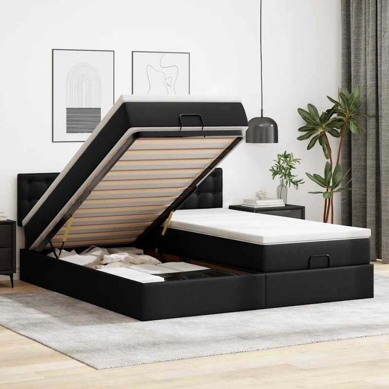 vidaXL Bed poef met matrassen en LED's 160x200cm kunstleer zwart