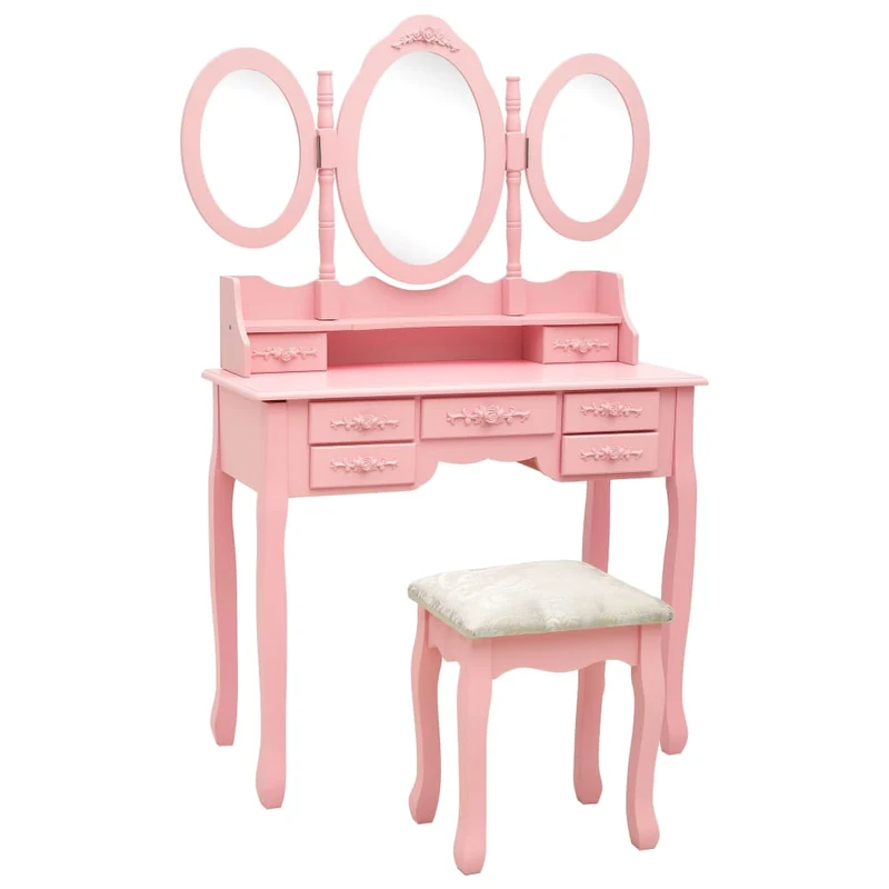 vidaXL Kaptafel met kruk en drievoudige spiegel roze