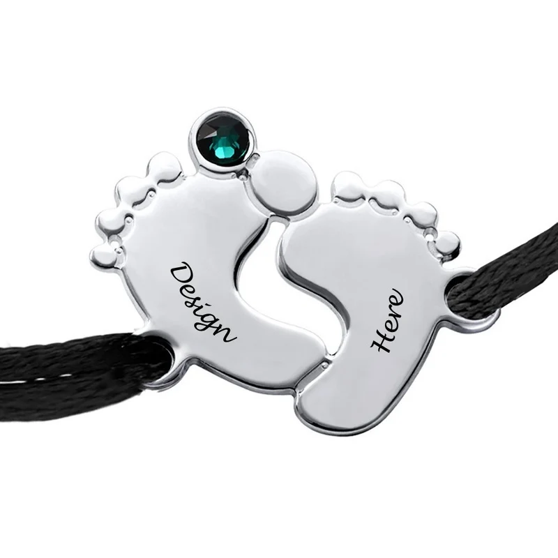 Bracelet pieds de bébé en cuir et argent S0034 gravé personnalisé avec texte prénom