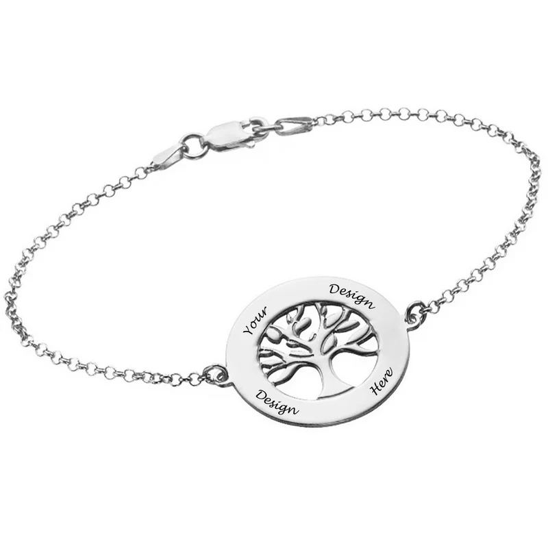 Bracelet Arbre Généalogique Pendentif en Argent S0031 gravé personnalisé avec texte prénom