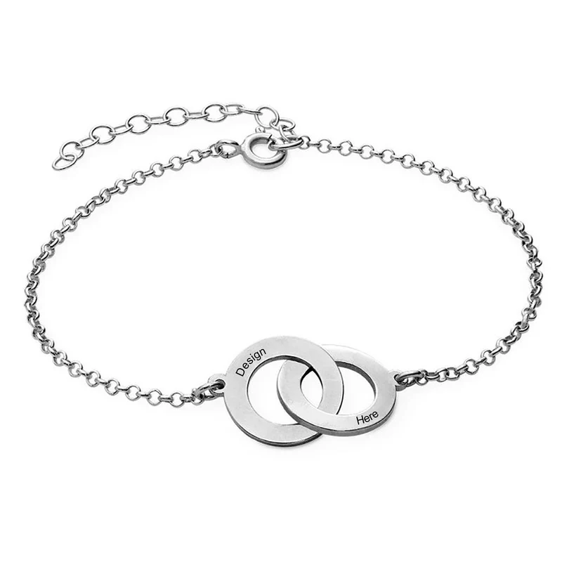 Bracelet double disque S0020 avec deux anneaux entrelacés gravure personnalisé avec texte prénom