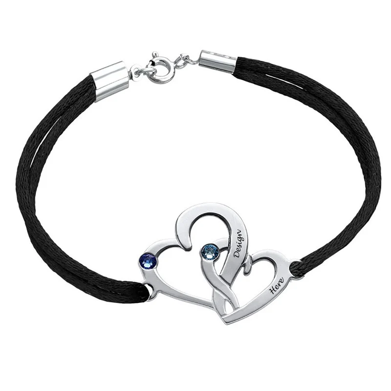 Bracelet cœur entrelacé avec cristaux S0030 gravure personnalisé avec texte prénom