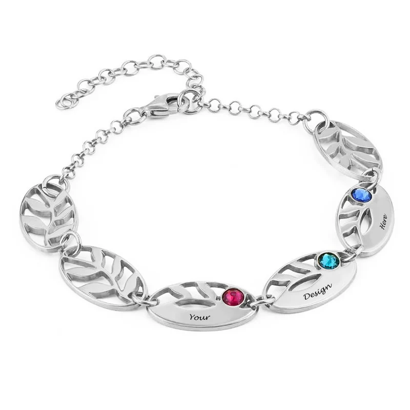 Bracelet feuille 925 en argent sterling S0022 gravure personnalisé avec texte prénom