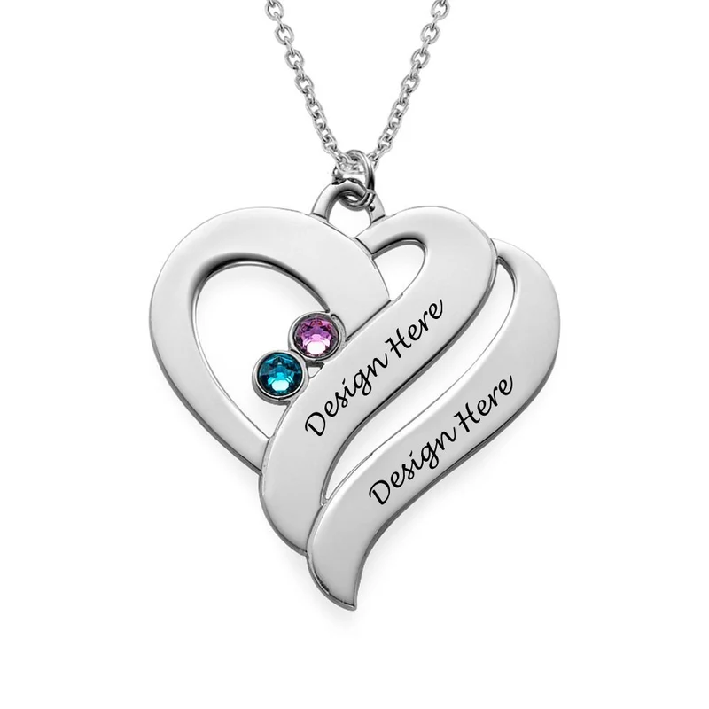 Collier pierres précieuses double coeur X0060 en argent sterling 925 gravure personnalisé avec prénom texte